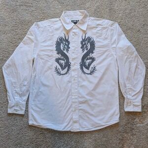 Y2K YMLA Mens White Long Sleeve Dragon Print Button Up Shirt Size XL